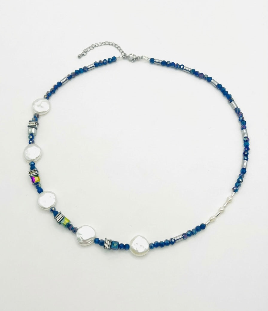 Dark Blue Crystal Glass Stone Necklace | Silver Stainless Steel