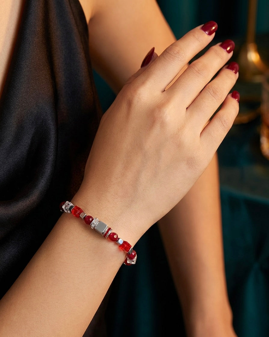 Red Crystal Glass Stone Bracelet – Silver Stainless Steel