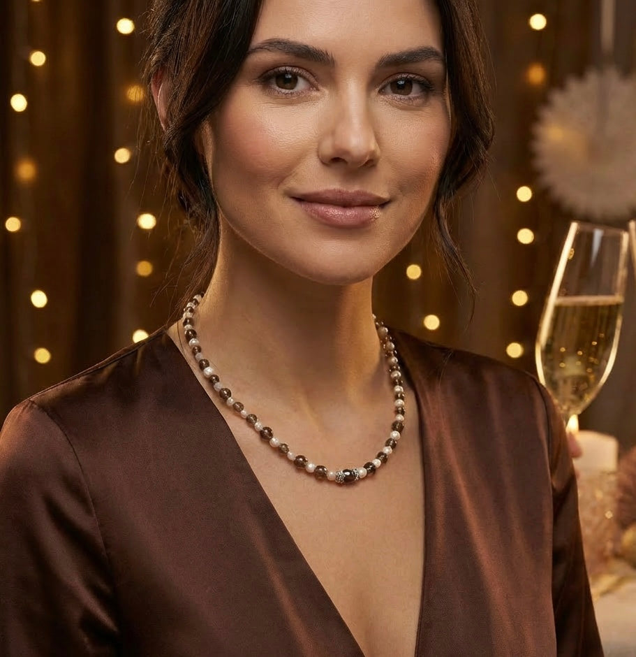 Natural White Pearls & Smoky Quartz Necklace | Silver Stainless Steel Jewelry