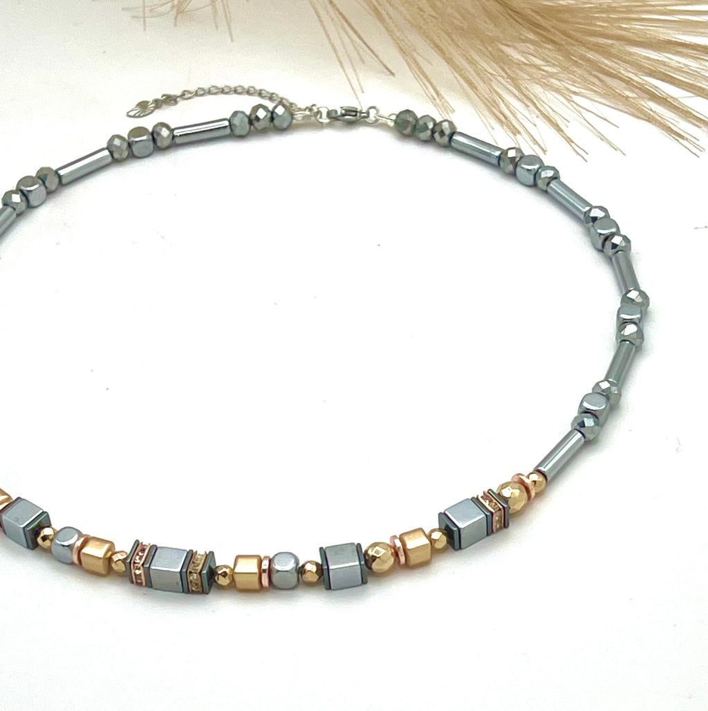 Shine Bright Silver Crystal Glass & Natural Stone Necklace | Stainless Steel Jewelry