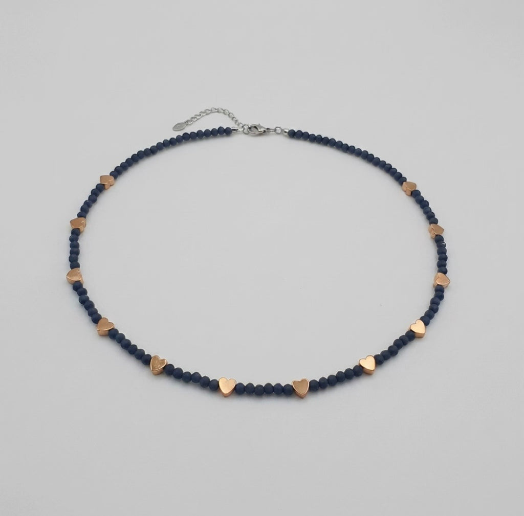 Rose Gold Heart Crystal Glass Stone Necklace | Silver Stainless Steel Clasp