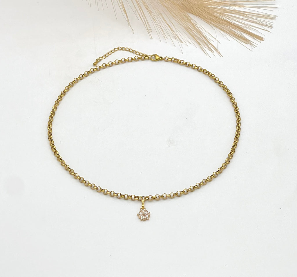 Gold Stainless Steel Necklace with Zirconia Pendant, Elegant Jewelry Gift for Women