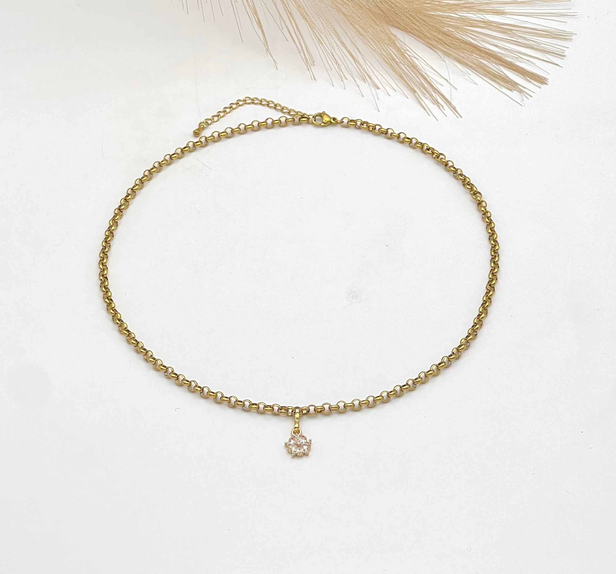 Gold Stainless Steel Necklace with Zirconia Pendant, Elegant Jewelry Gift for Women