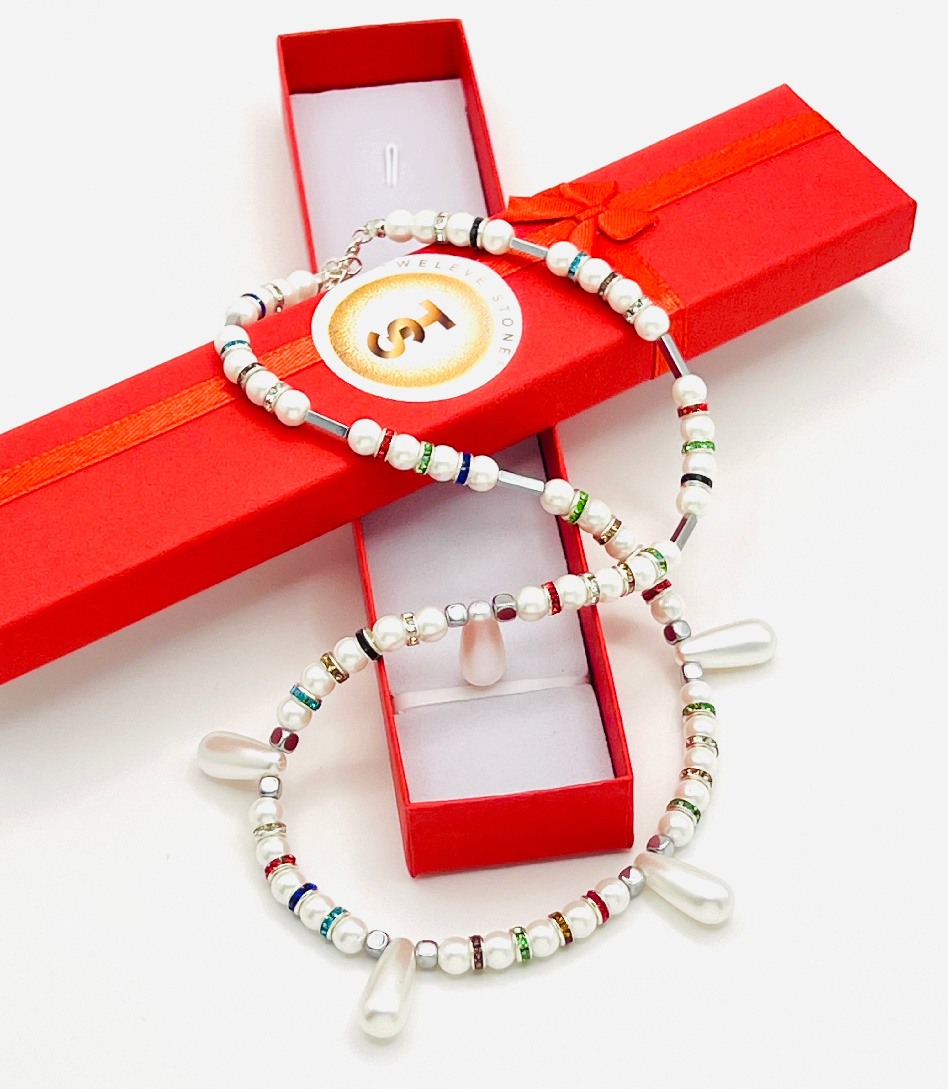 White Natural Stone & Multicolour Rhinestone Necklace | Silver-Plated Clasp