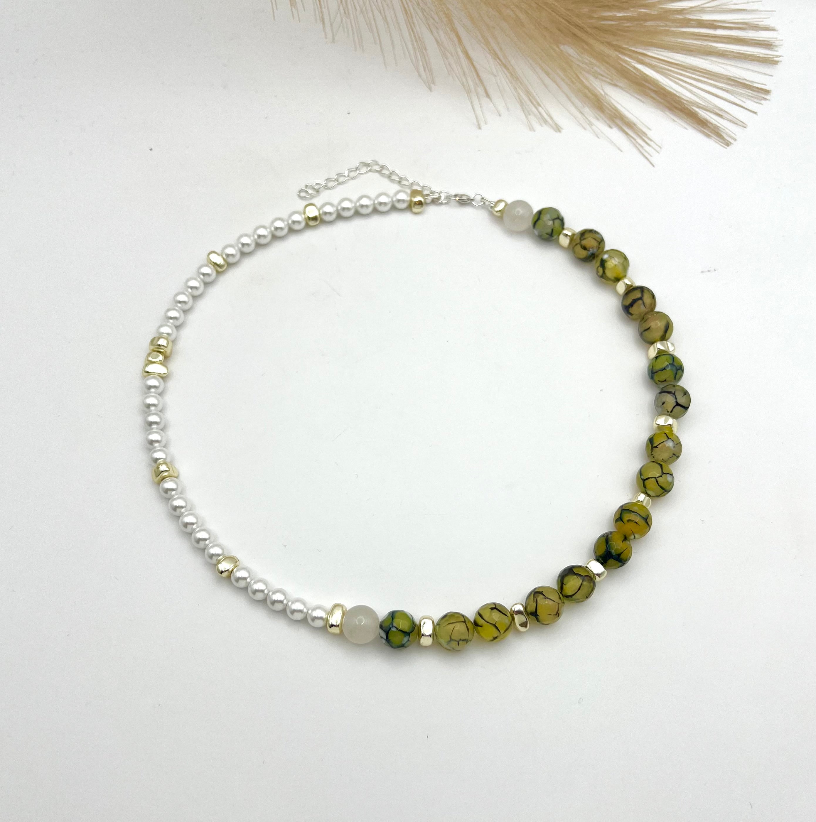 Dew Green & White National Stones Necklace, Silver-Plated, Lobster Clasp