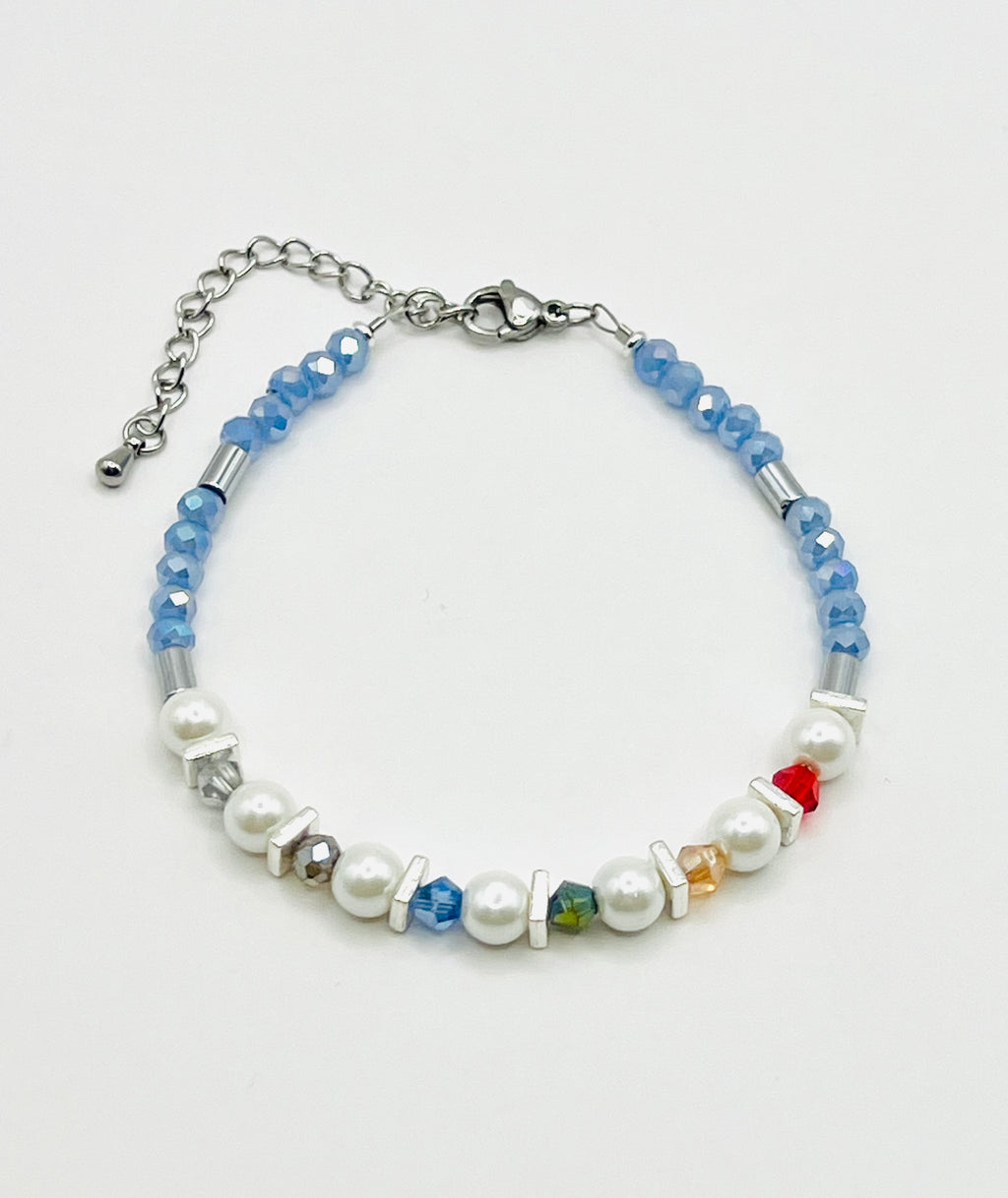 Blue, White & Multicoloured Glass Stone Bracelet – Silver Stainless Steel