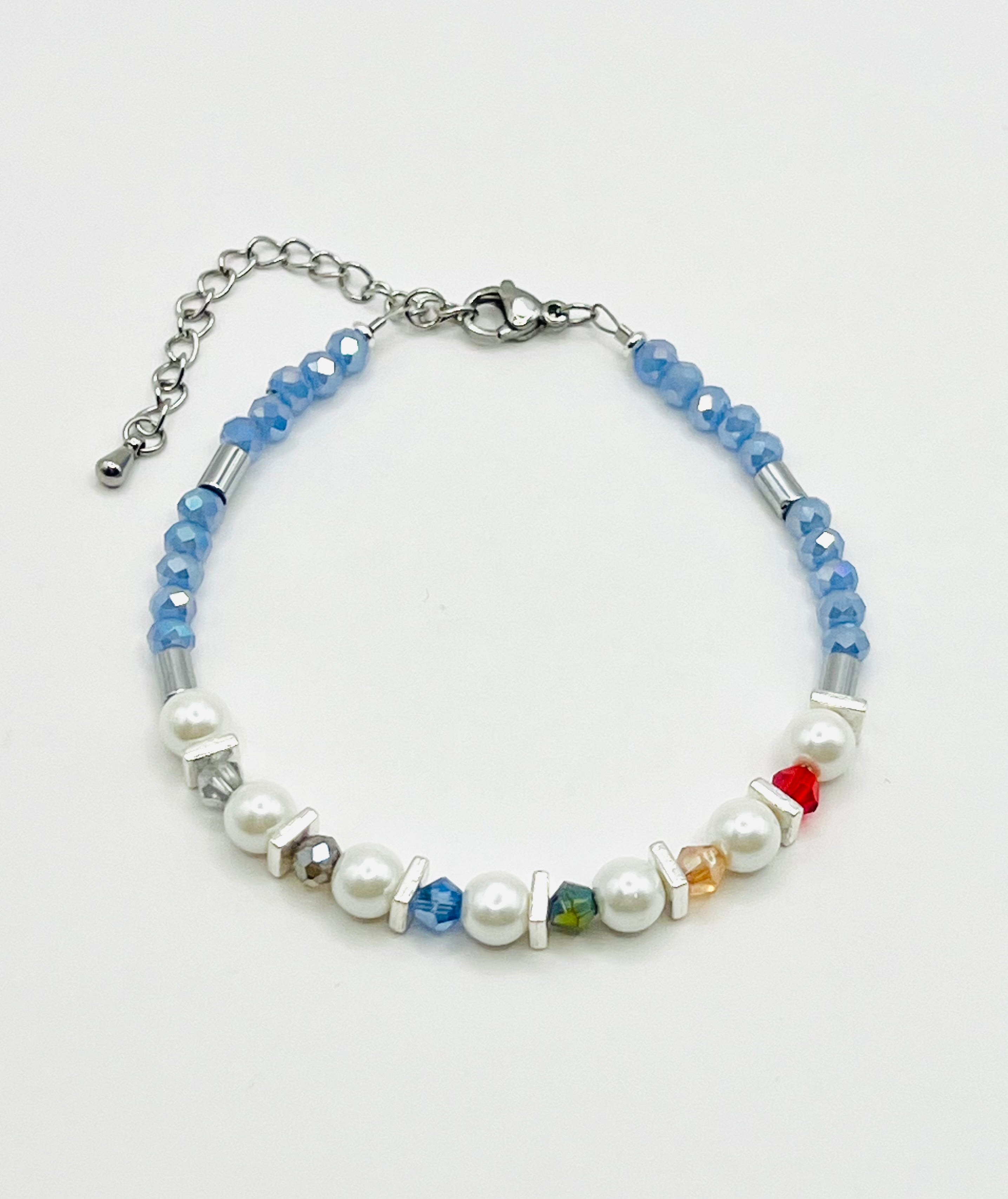 Blue, White & Multicoloured Glass Stone Bracelet – Silver Stainless Steel