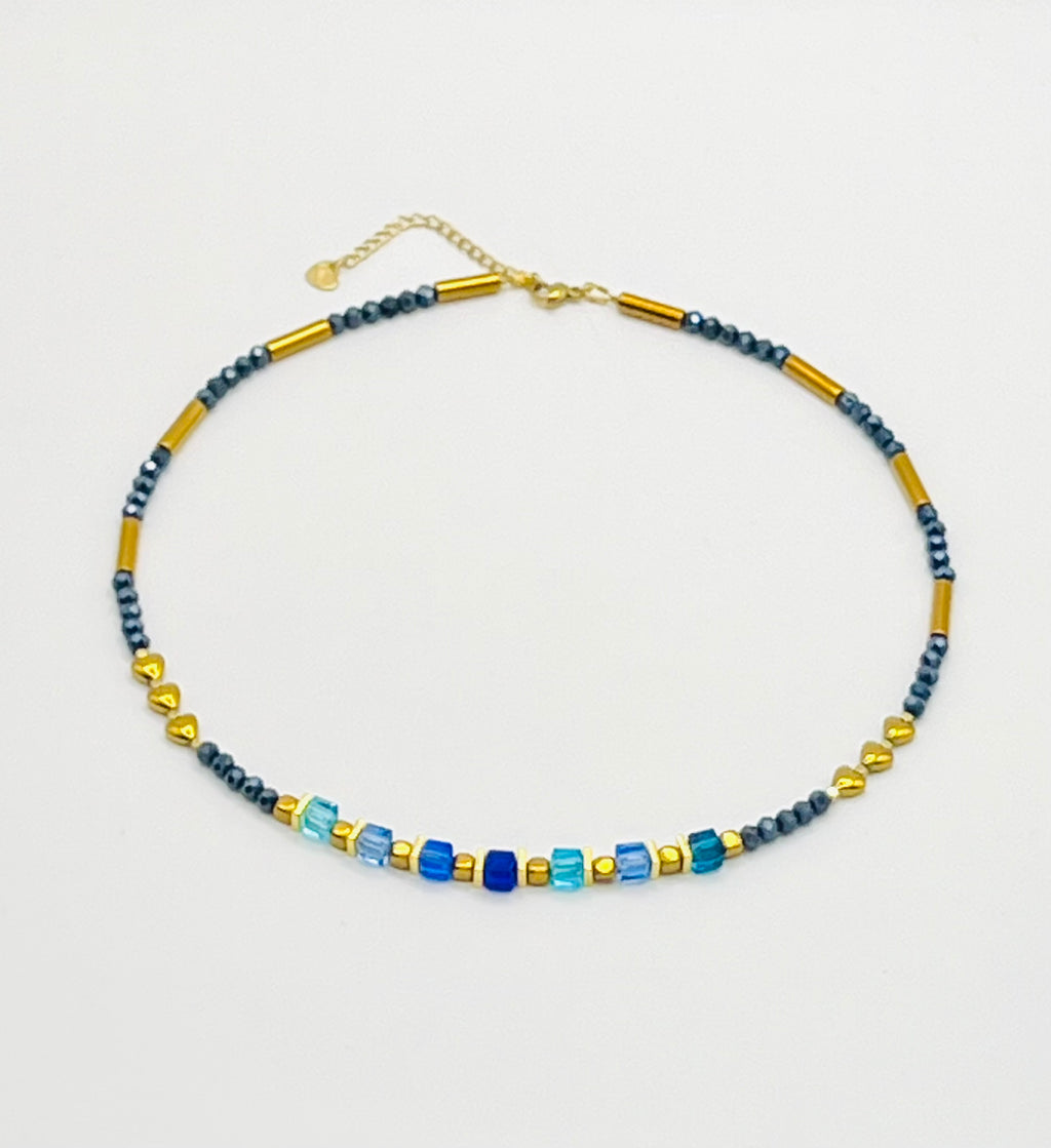 Blue & Gold Heart Crystal Glass and Stone Necklace | Gold Stainless Steel Clasp