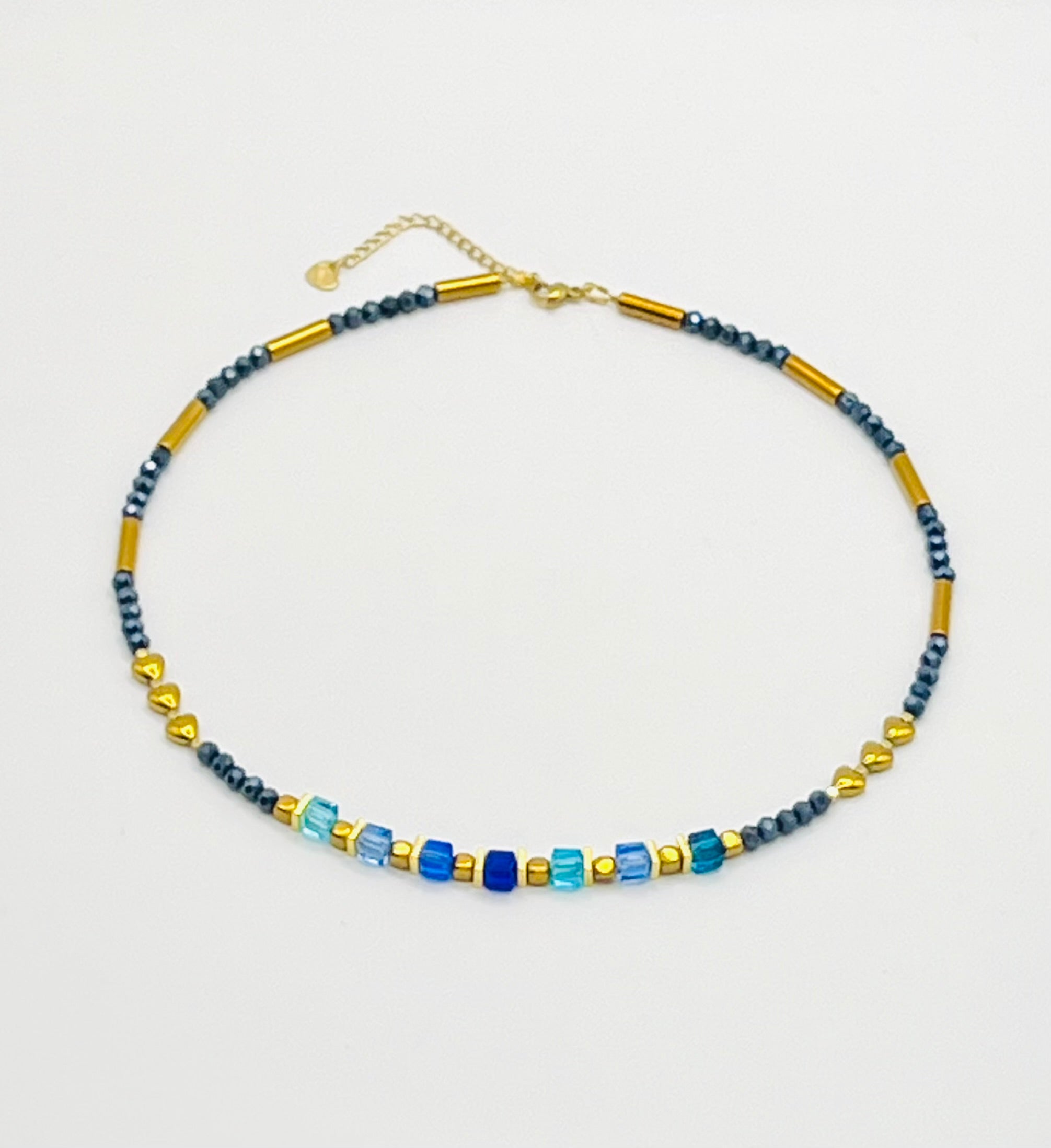 Blue & Gold Heart Crystal Glass and Stone Necklace | Gold Stainless Steel Clasp
