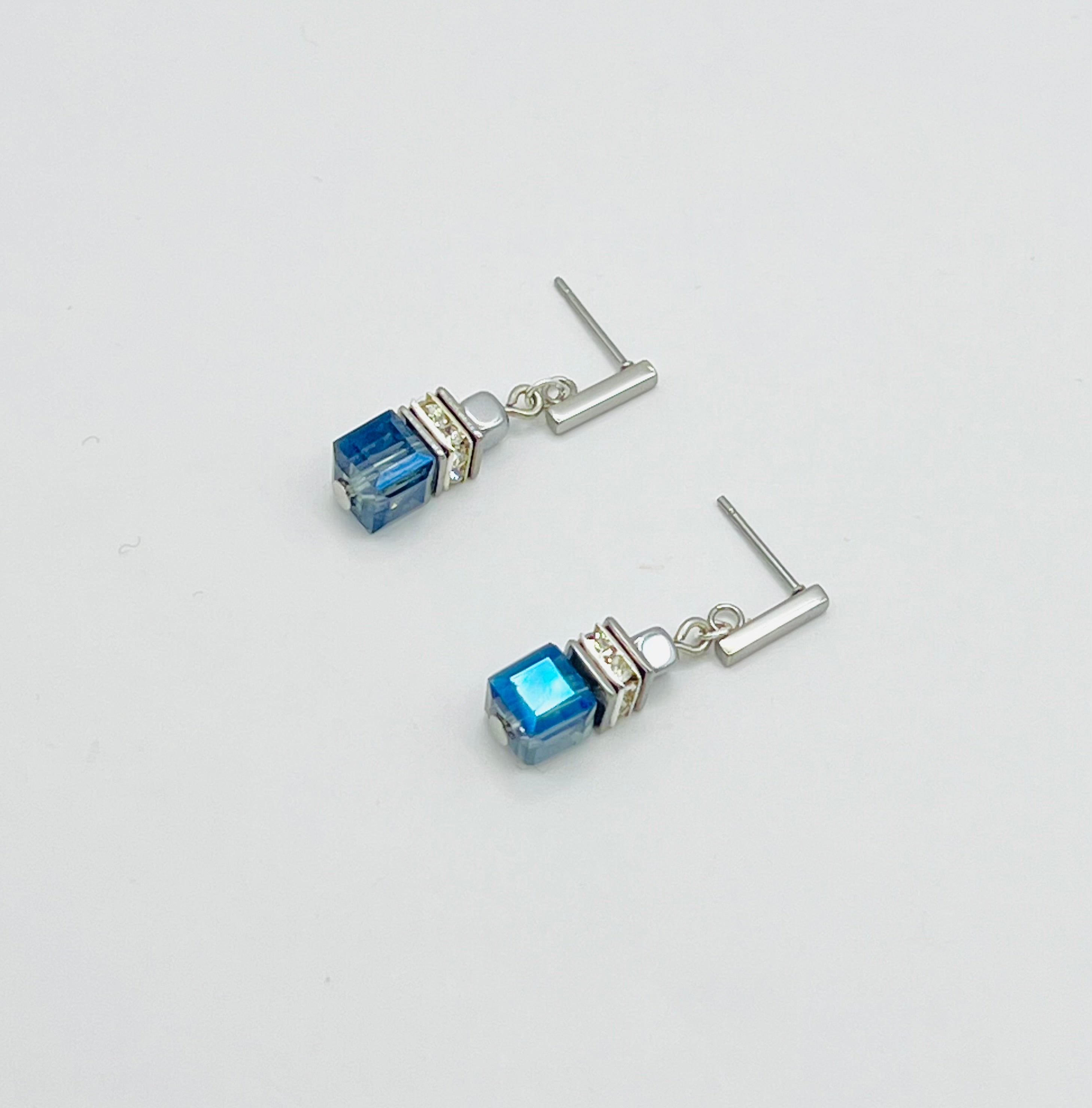 Transparent Blue Crystal Glass Stone Drop Earrings | Silver Stainless Steel Clasp
