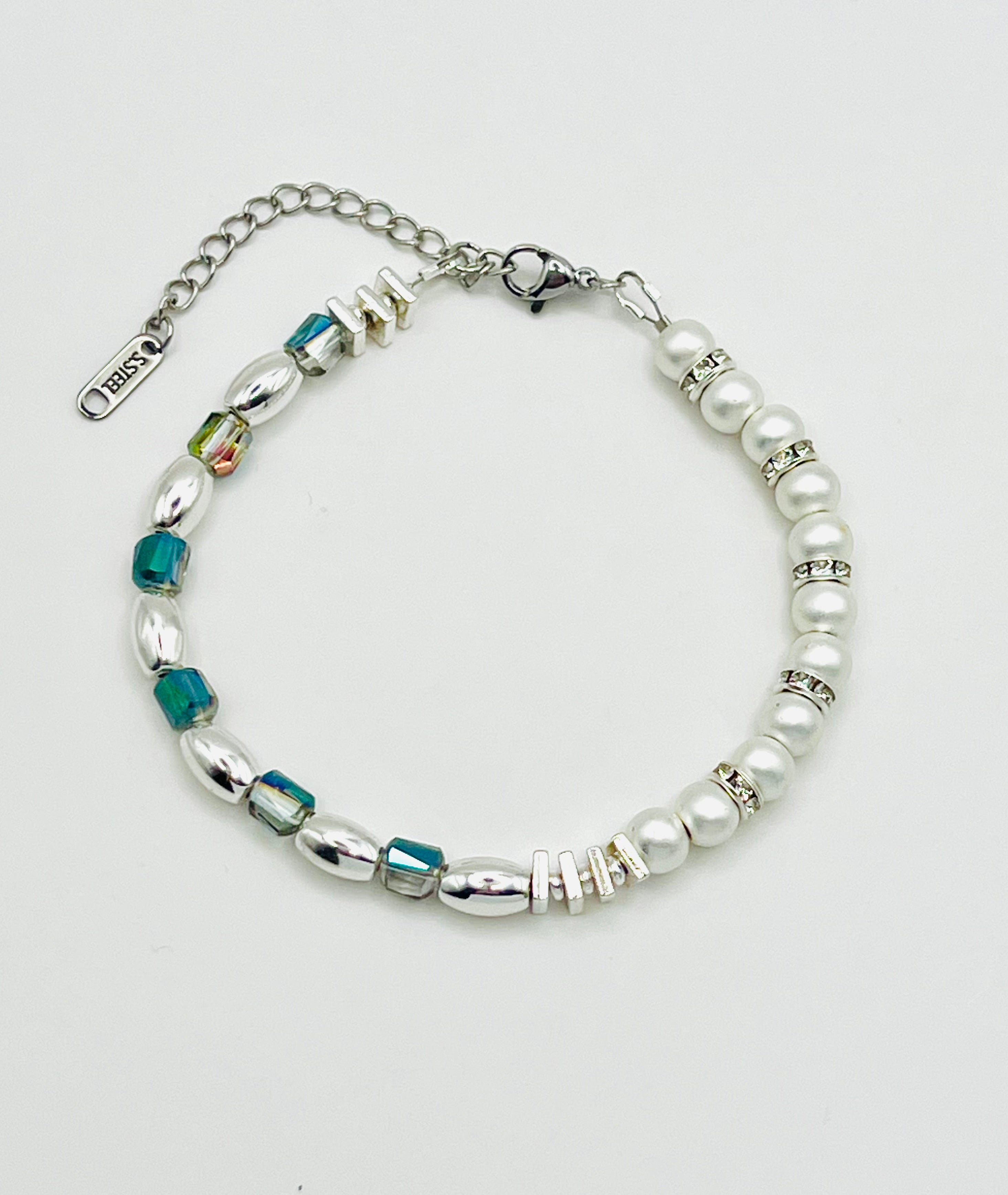 White Stone & Ash Transparent Glass Bead Bracelet – Silver Stainless Steel