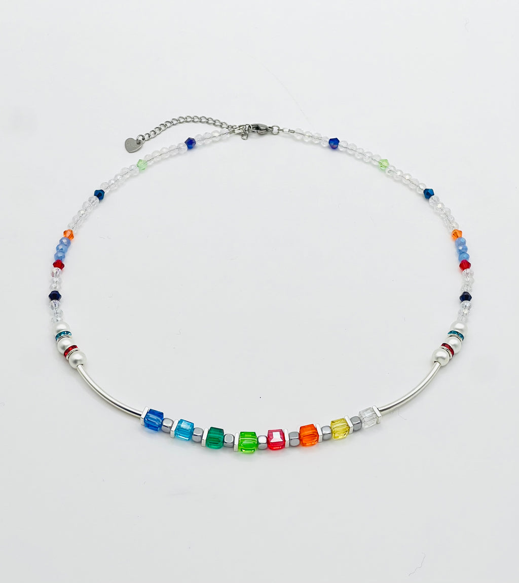 Multicolour & Clear Crystal Glass Necklace | Silver-Plated Steel Clasp