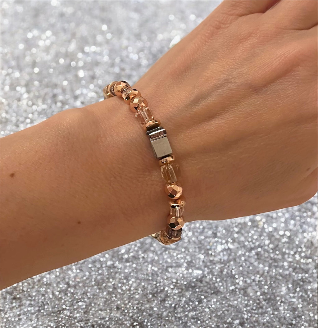 Silver, Gold & Rose Natural Stone Crystal Glass Bracelet with Stainless Steel