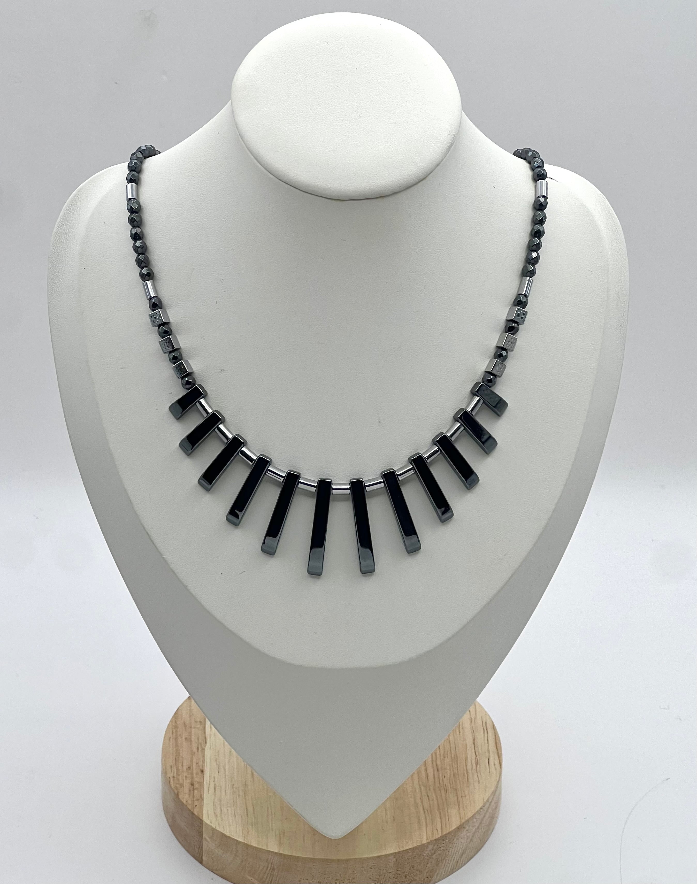 Black Natural Stones Necklace with Silver Stainless Steel – Women’s Jewelry