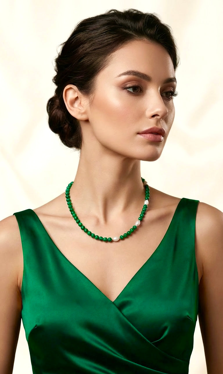 Green Malachite and Freshwater Pearl Necklace with Silver Steel