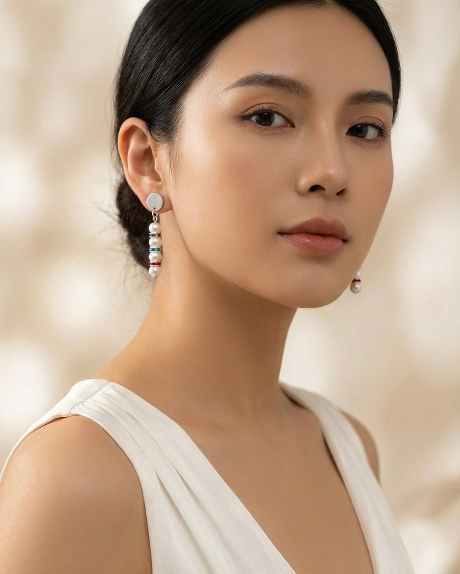 Multicoloured Rhinestone Drop Earrings with White Stones | Silver Stainless Steel