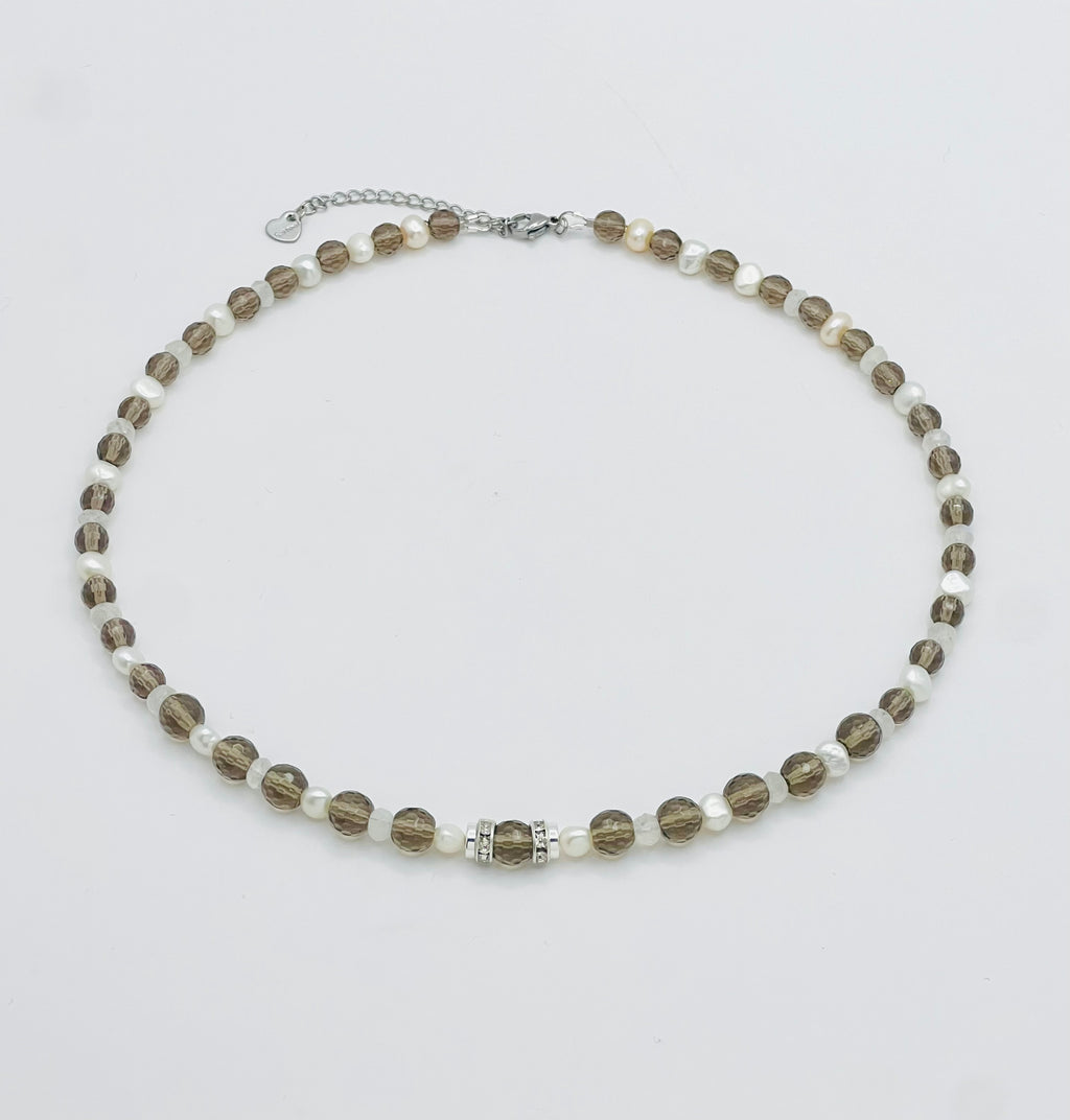 Natural White Pearls & Smoky Quartz Necklace | Silver Stainless Steel Jewelry