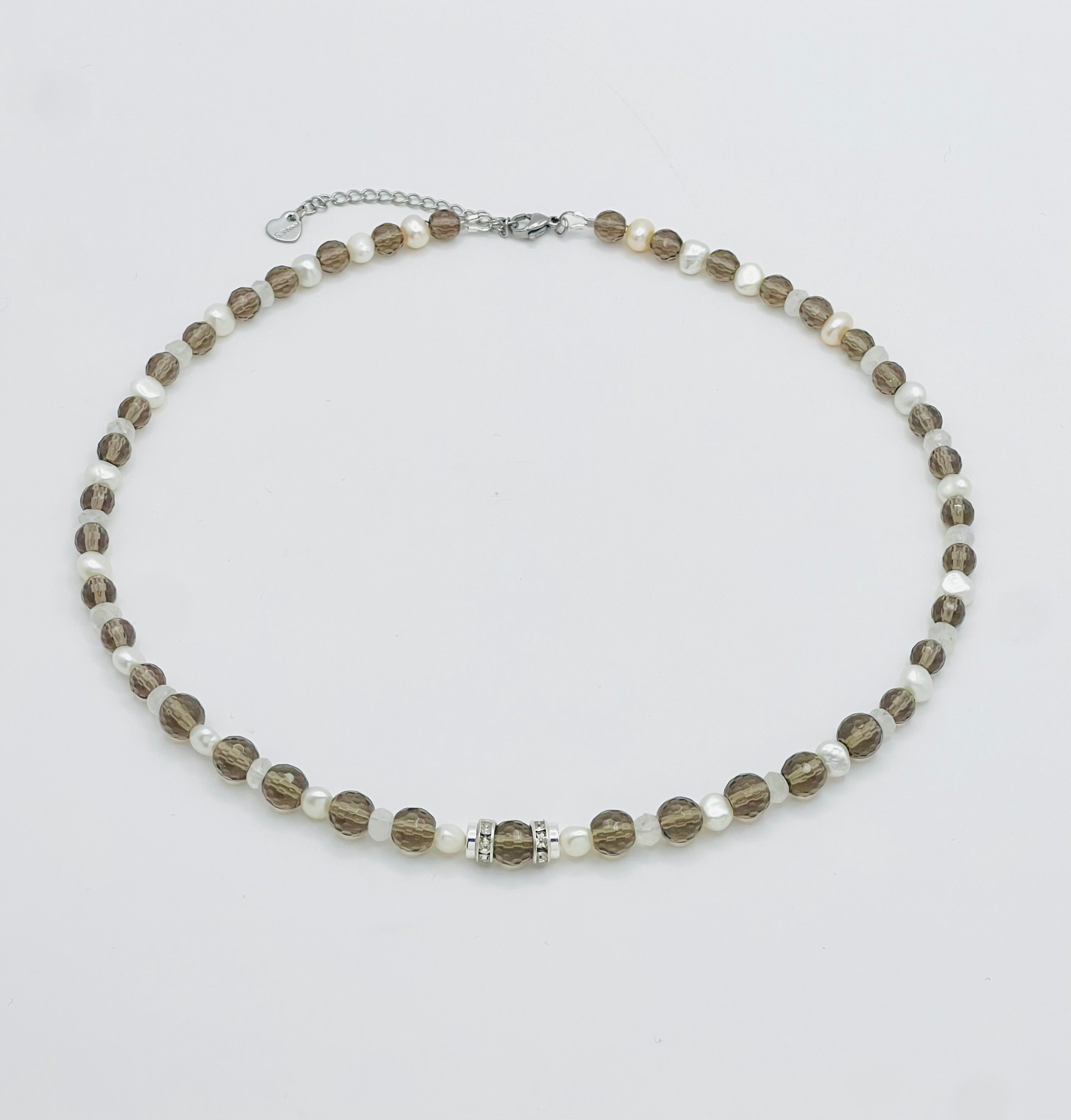 Natural White Pearls & Smoky Quartz Necklace | Silver Stainless Steel Jewelry