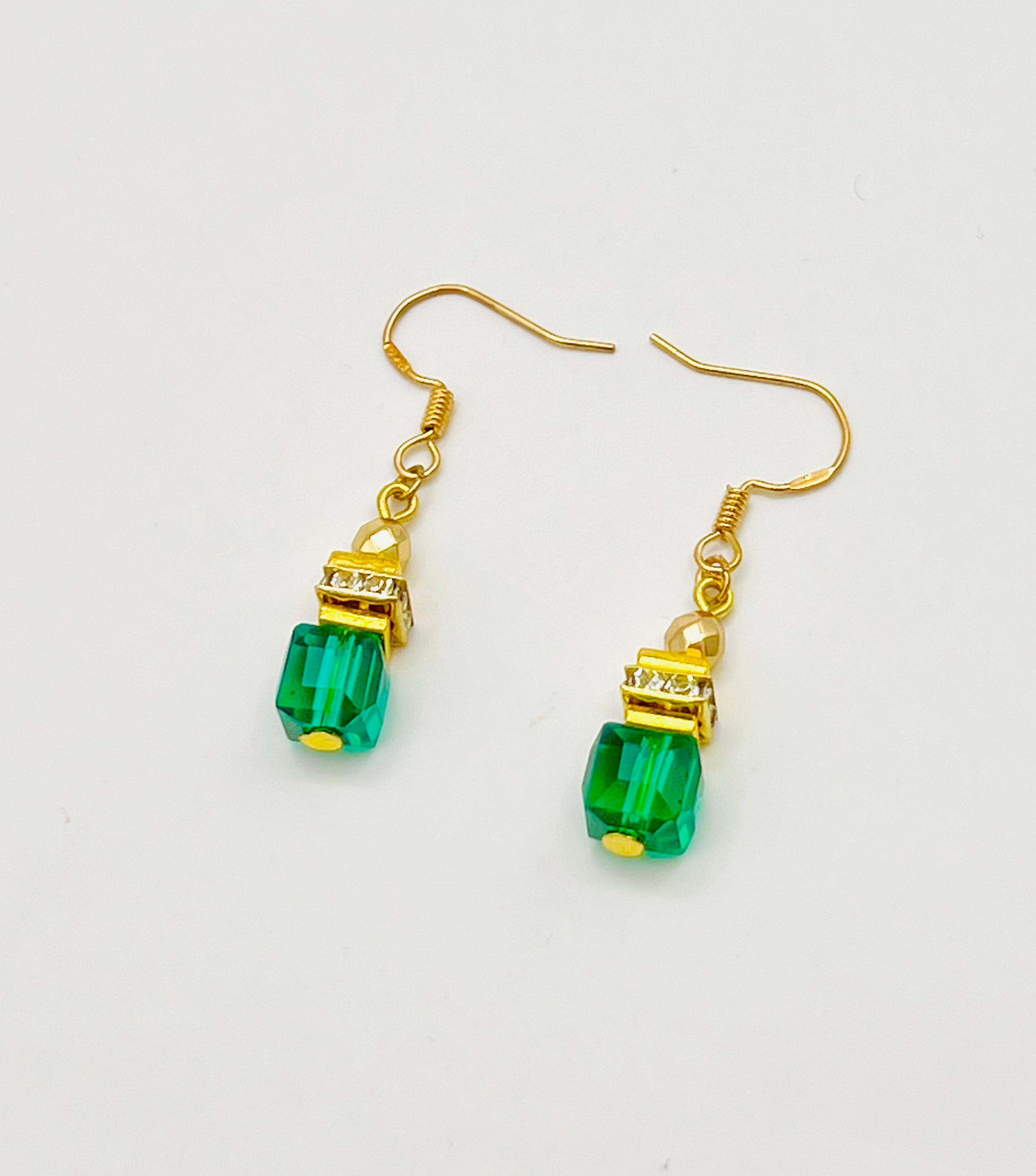 Green Crystal Glass Stone Drop Earrings | Gold-Plated Hook
