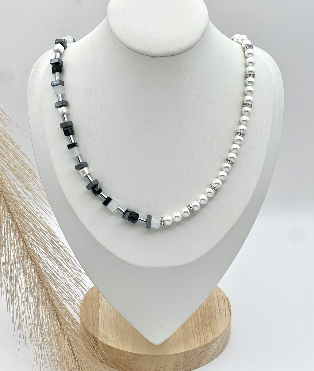 Star Black & White Crystal Glass Natural Stone Necklace – Silver Stainless Steel | Gift Box Included
