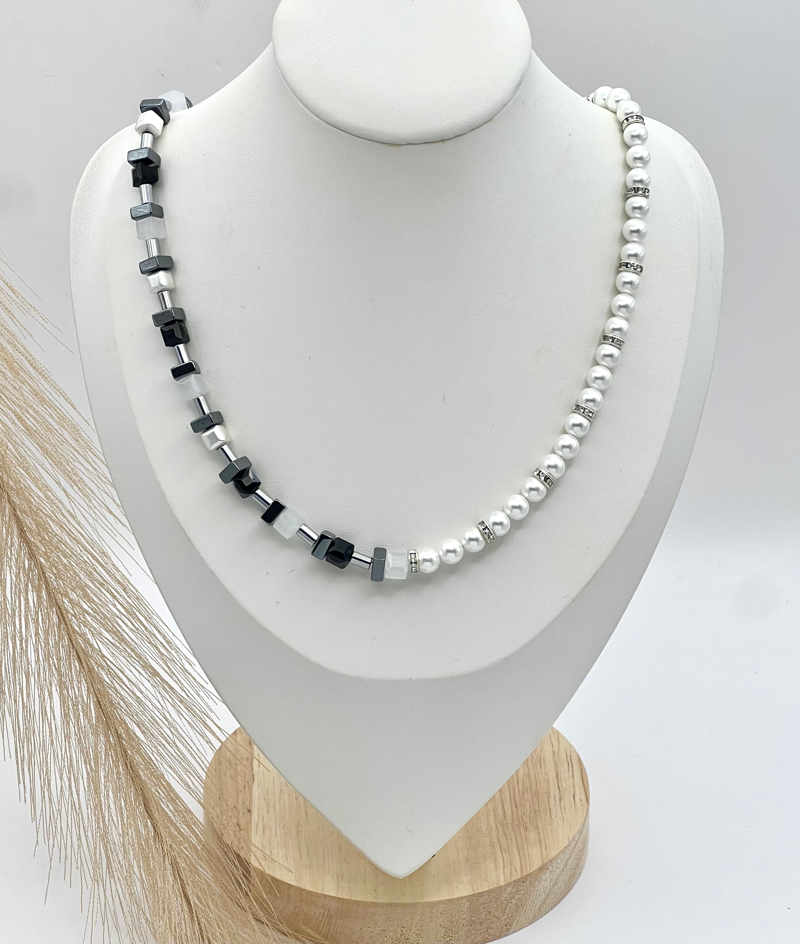 Star Black & White Crystal Glass Natural Stone Necklace – Silver Stainless Steel | Gift Box Included