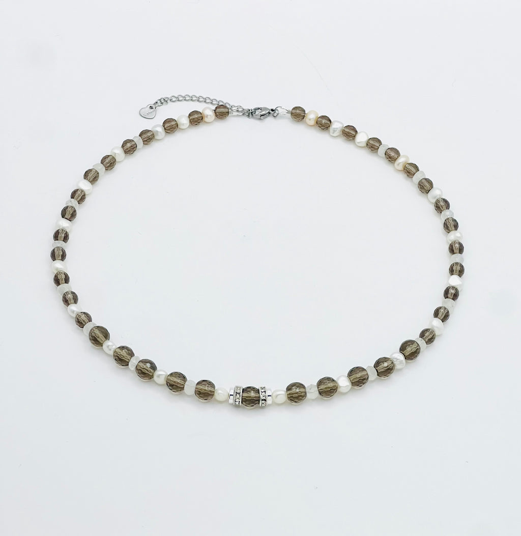 Natural White Pearls & Smoky Quartz Necklace | Silver Stainless Steel Jewelry