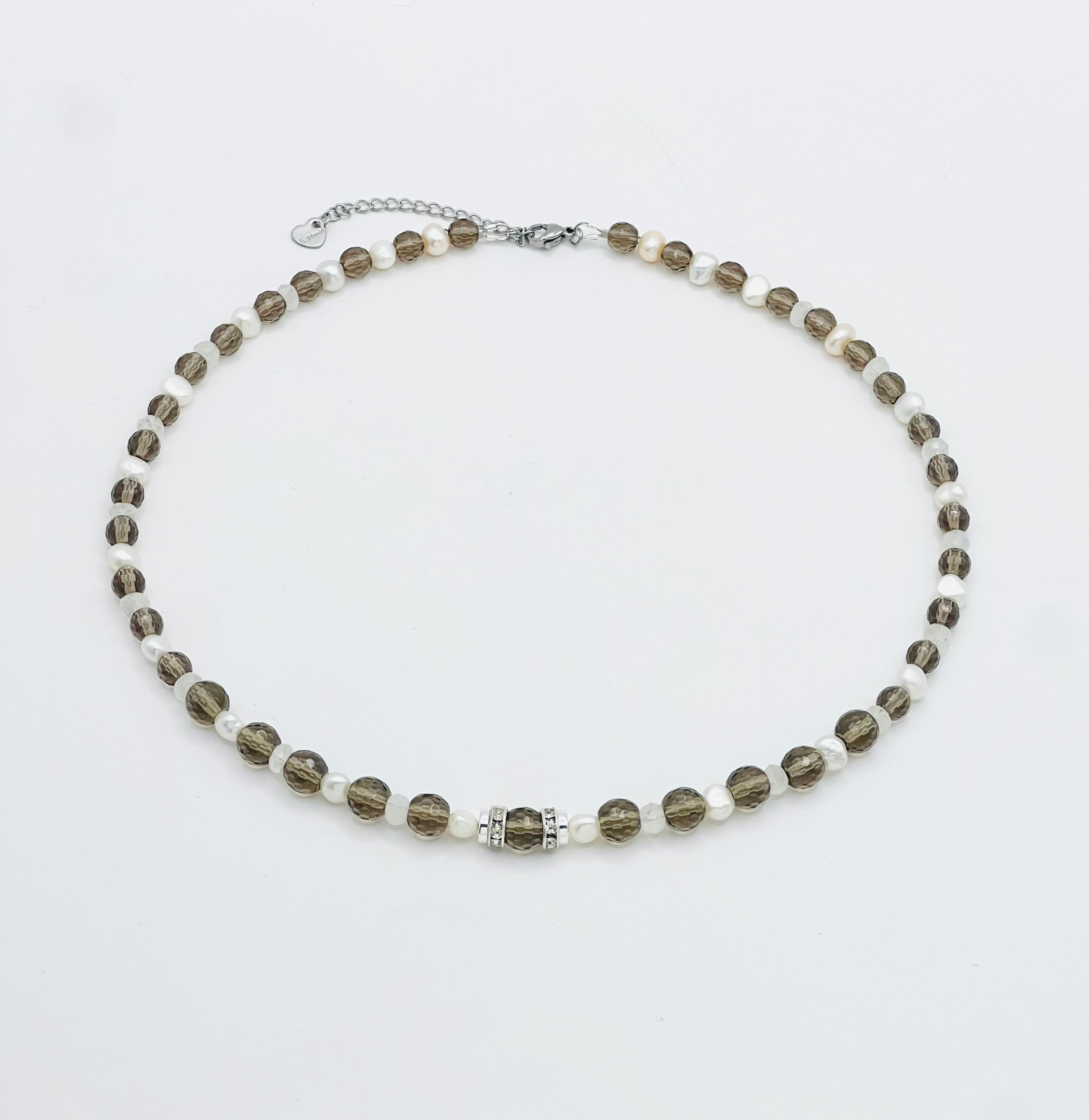 Natural White Pearls & Smoky Quartz Necklace | Silver Stainless Steel Jewelry