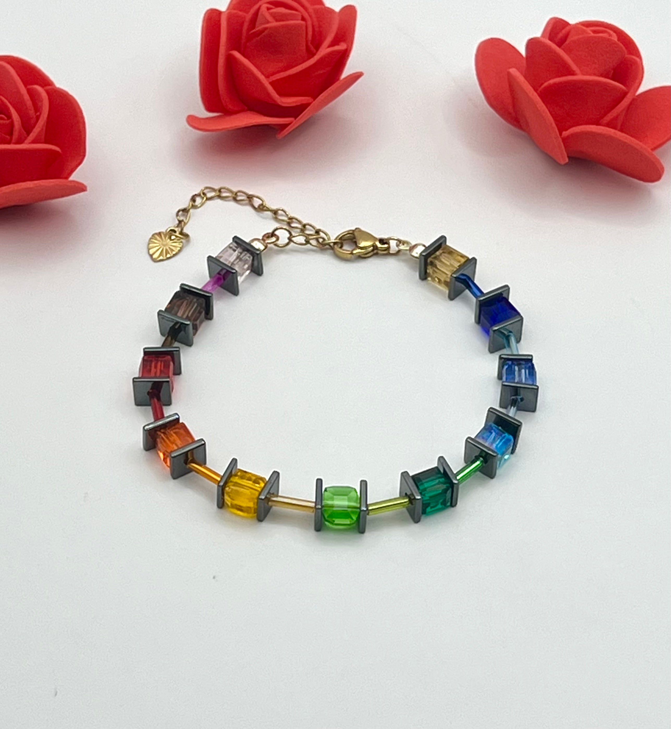 Multicolour Crystal Glass Stone Bracelet | Gold Stainless Steel