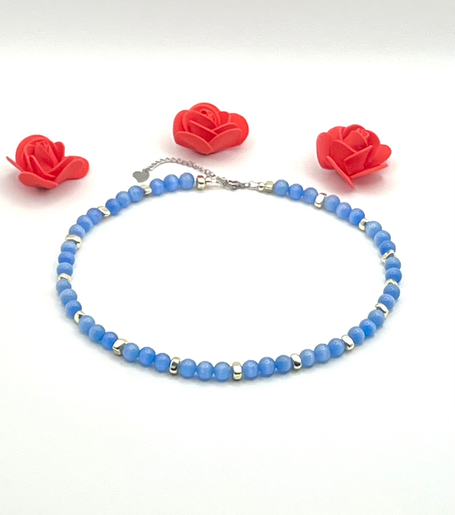 Blue Cat’s Eye Natural Stone Necklace | Silver Stainless Steel Lobster Clasp
