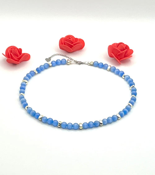 Blue Cat’s Eye Natural Stone Necklace | Silver Stainless Steel Lobster Clasp