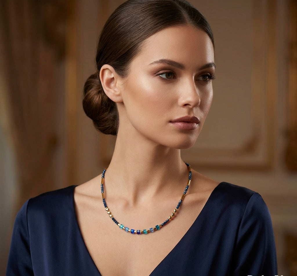 Blue & Gold Heart Crystal Glass and Stone Necklace | Gold Stainless Steel Clasp