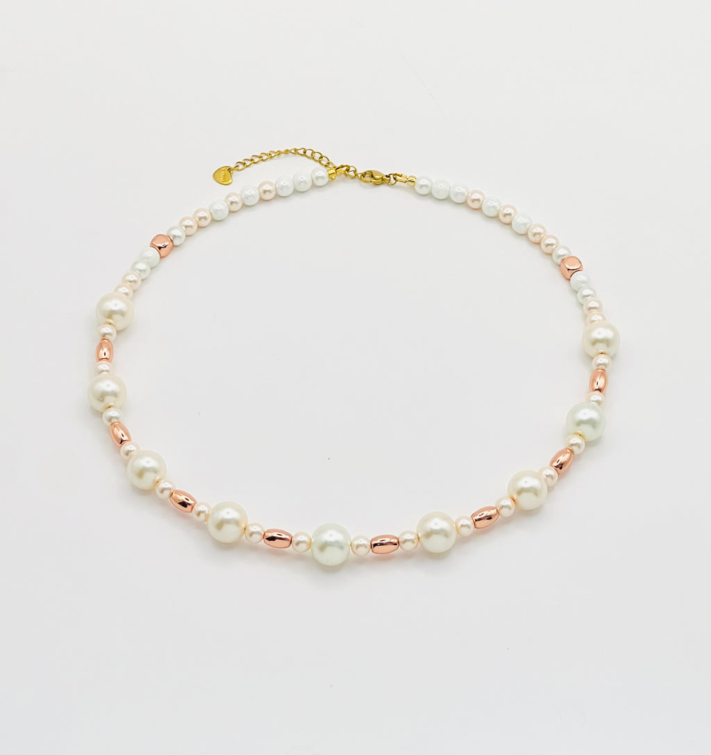 Cream and Rose Gold Natural Stone Necklace with Gold Stainless Steel Clasp