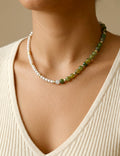 Dew Green & White National Stones Necklace, Silver-Plated, Lobster Clasp