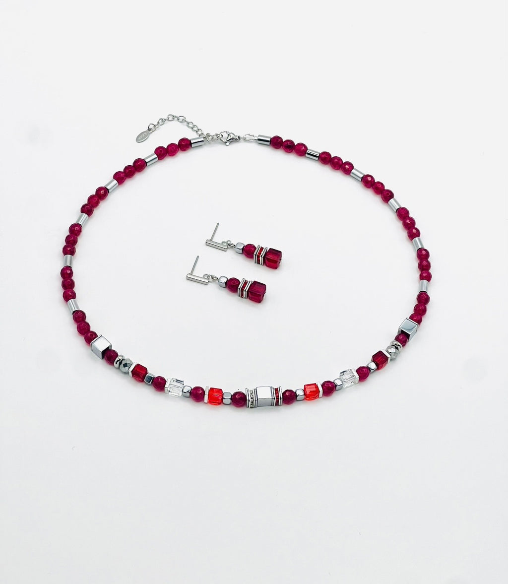 Red Crystal Glass Stone Earrings & Necklace Set – Silver Stainless Steel