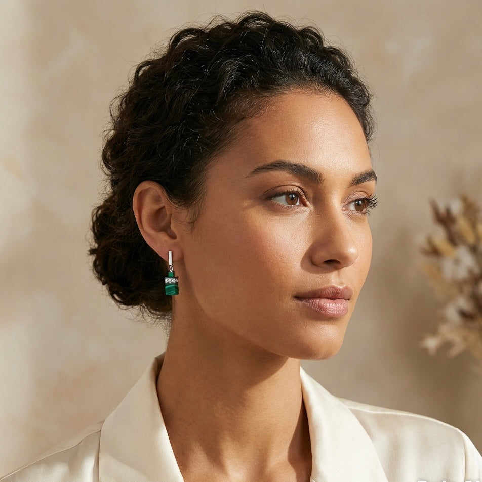 Macchiato Natural Stone Drop Earrings | Silver Stainless Steel Rectangle Stud