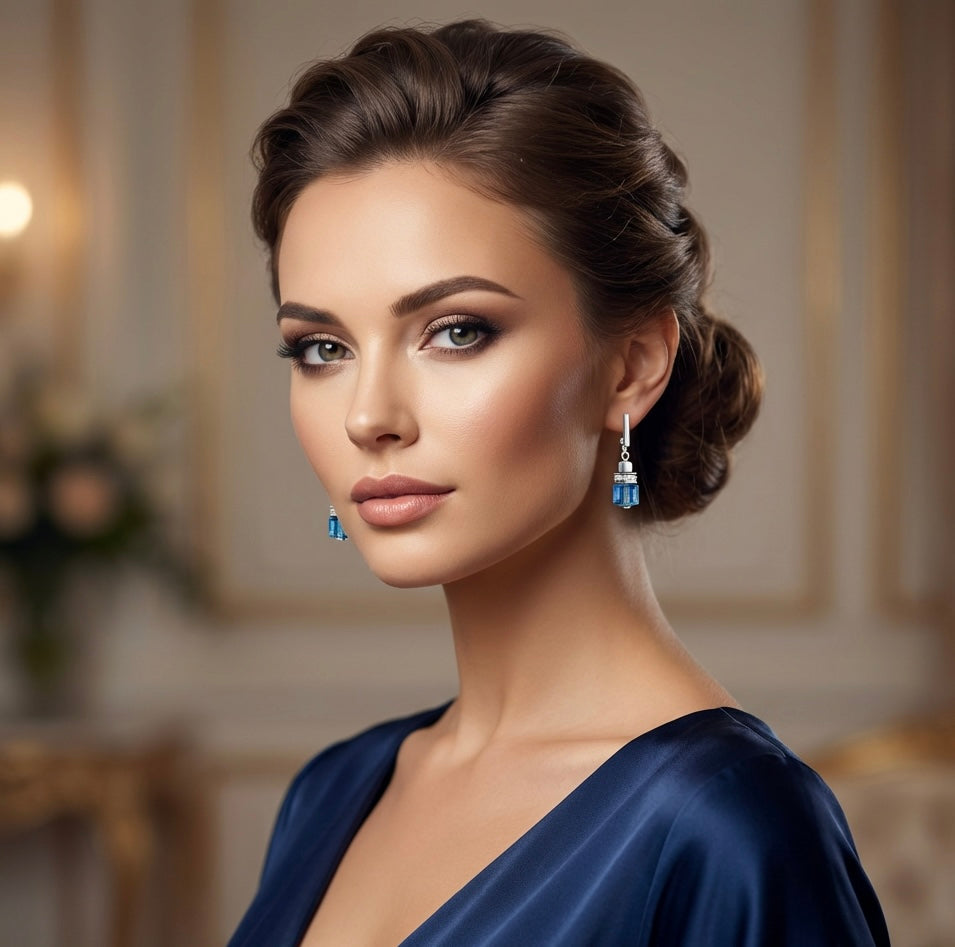 Transparent Blue Crystal Glass Stone Drop Earrings | Silver Stainless Steel Clasp