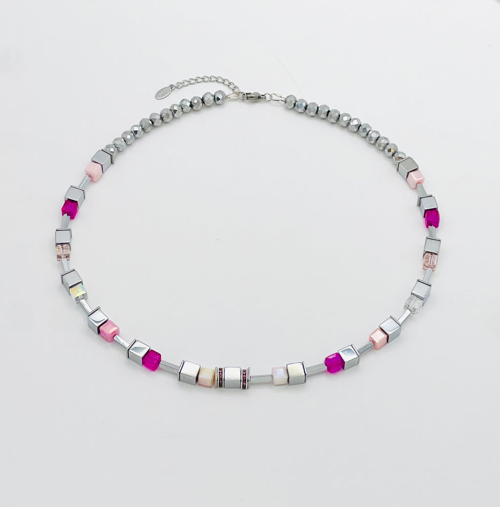 Silver & Pink Crystal Glass Stone Necklace | Silver Stainless Steel