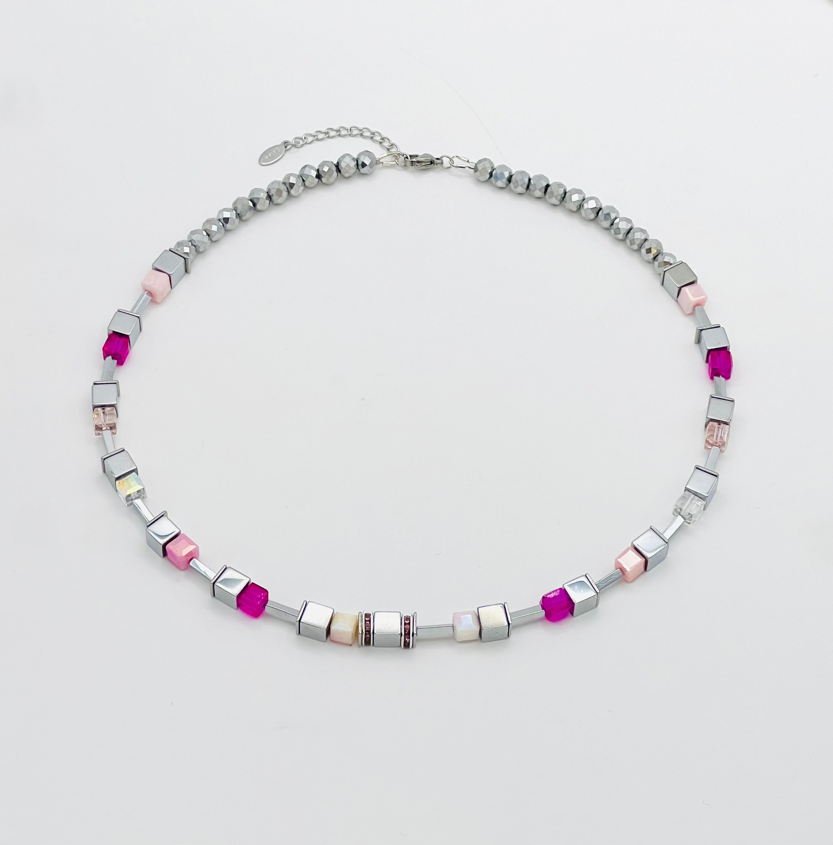 Silver & Pink Crystal Glass Stone Necklace | Silver Stainless Steel