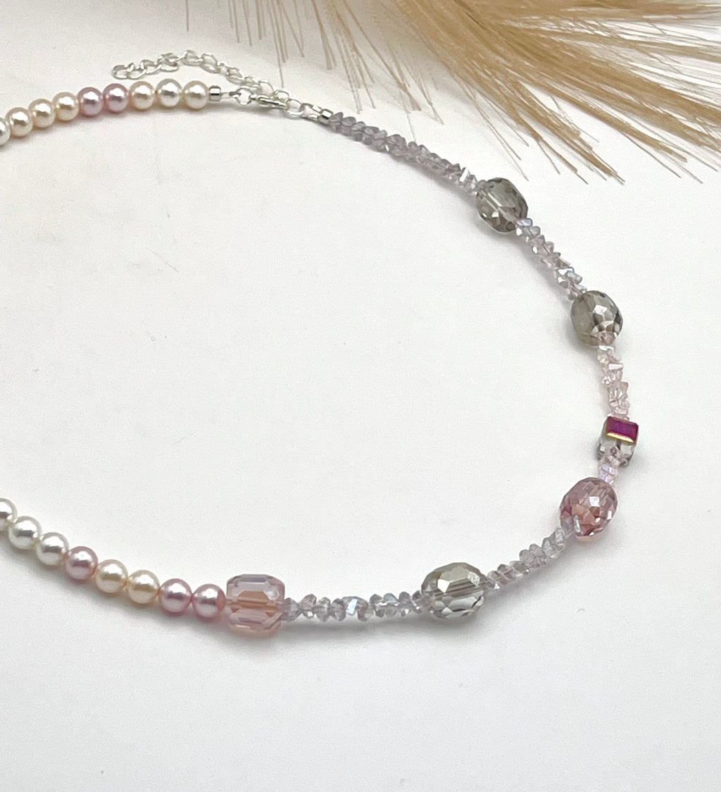 Lily of the Valley - Light pink and grey crystal glass stones necklace with a silver-plated lobster clasp