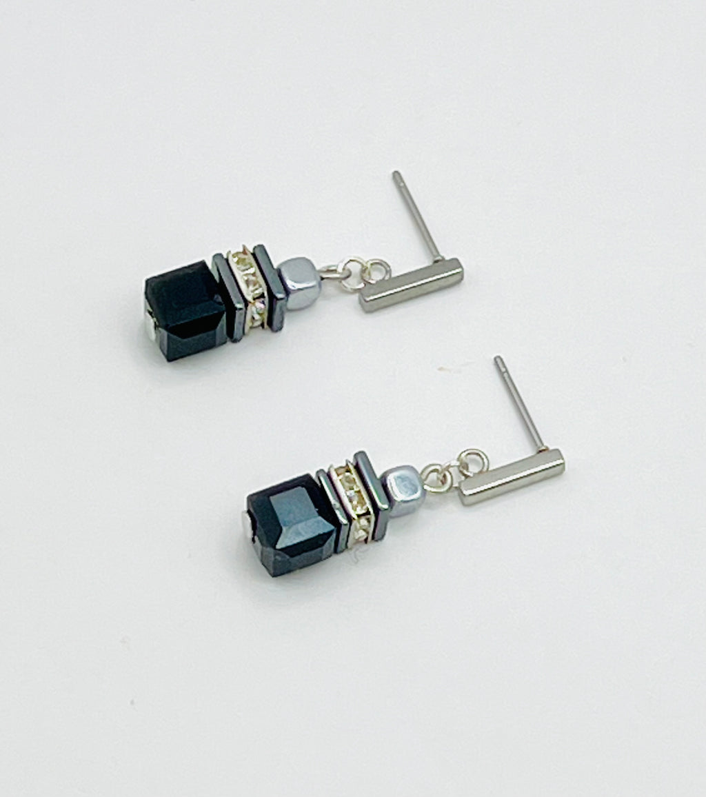 Black Crystal Glass Drop Stone Earrings | Silver Stainless Steel Clasp