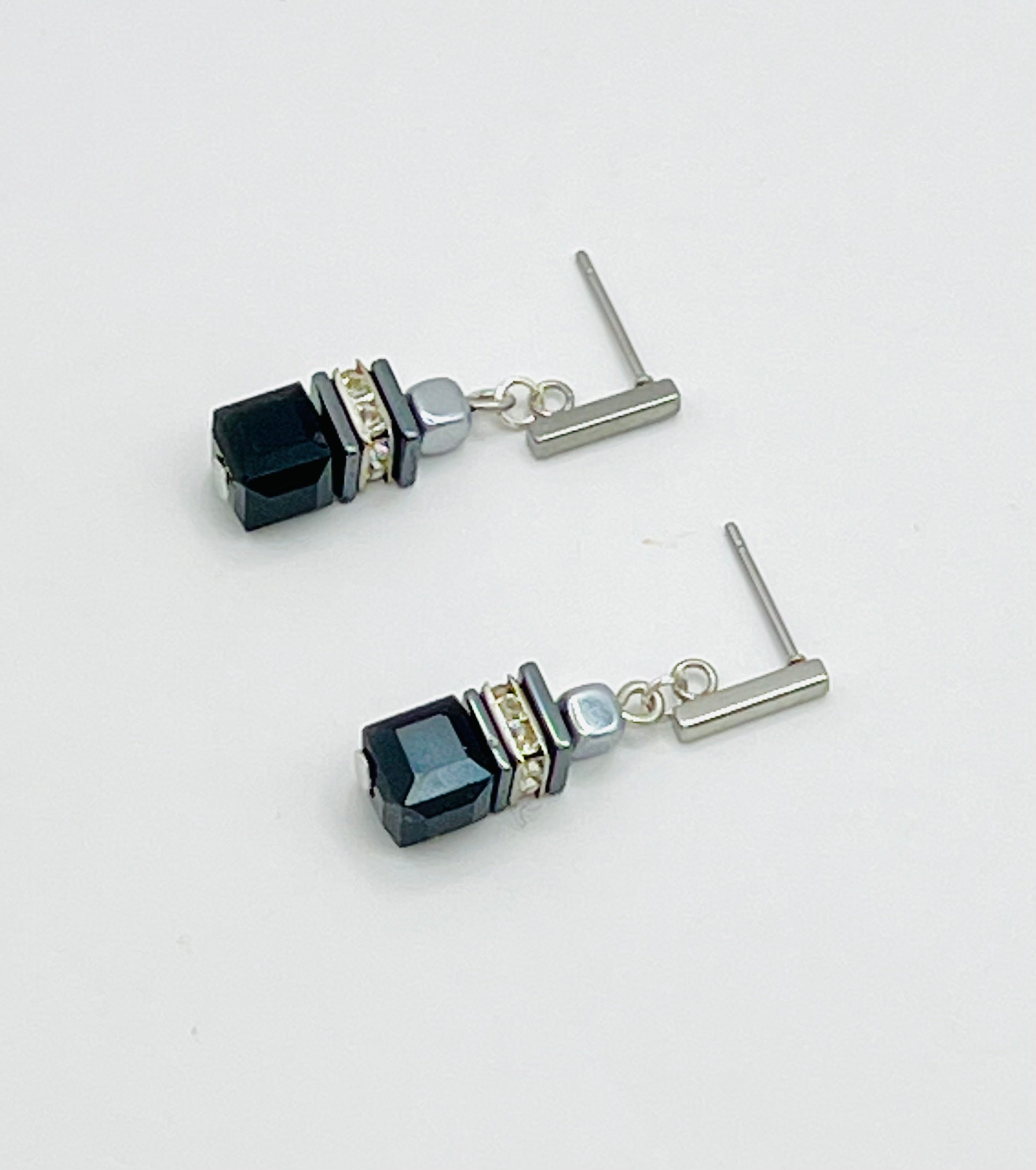 Black Crystal Glass Drop Stone Earrings | Silver Stainless Steel Clasp