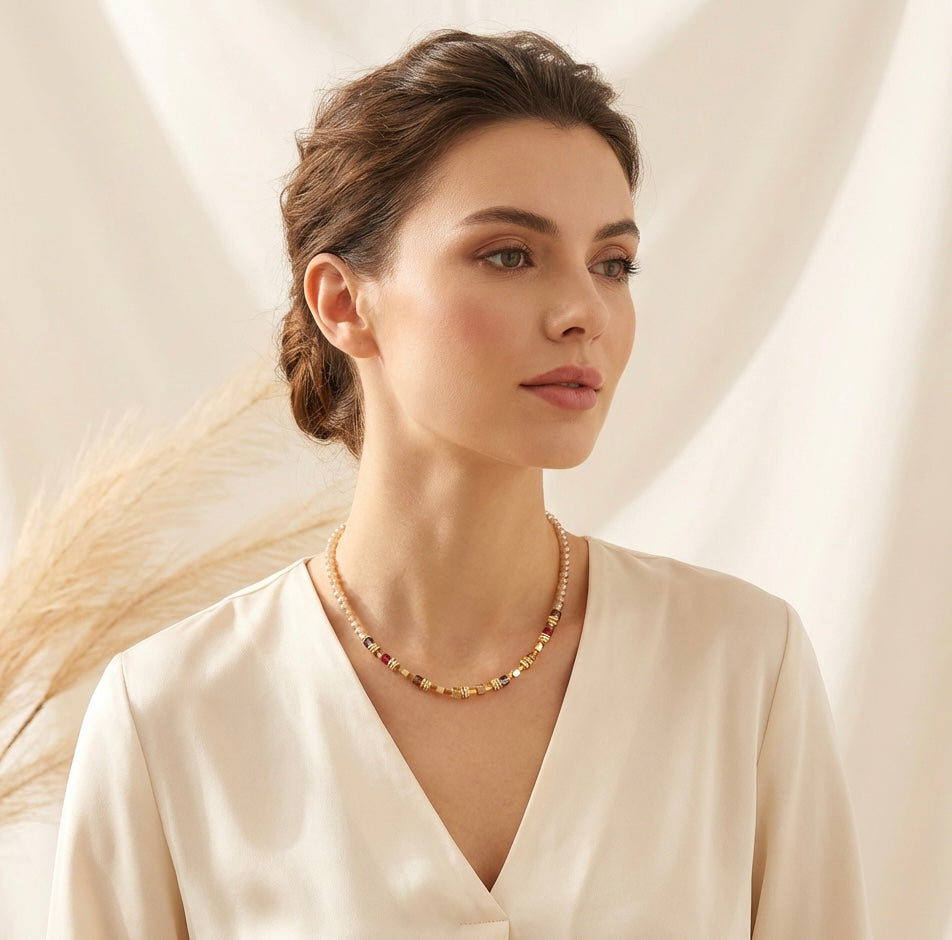 Elegant Mixed Cream Crystal Glass Necklace | Gold Stainless Steel Clasp