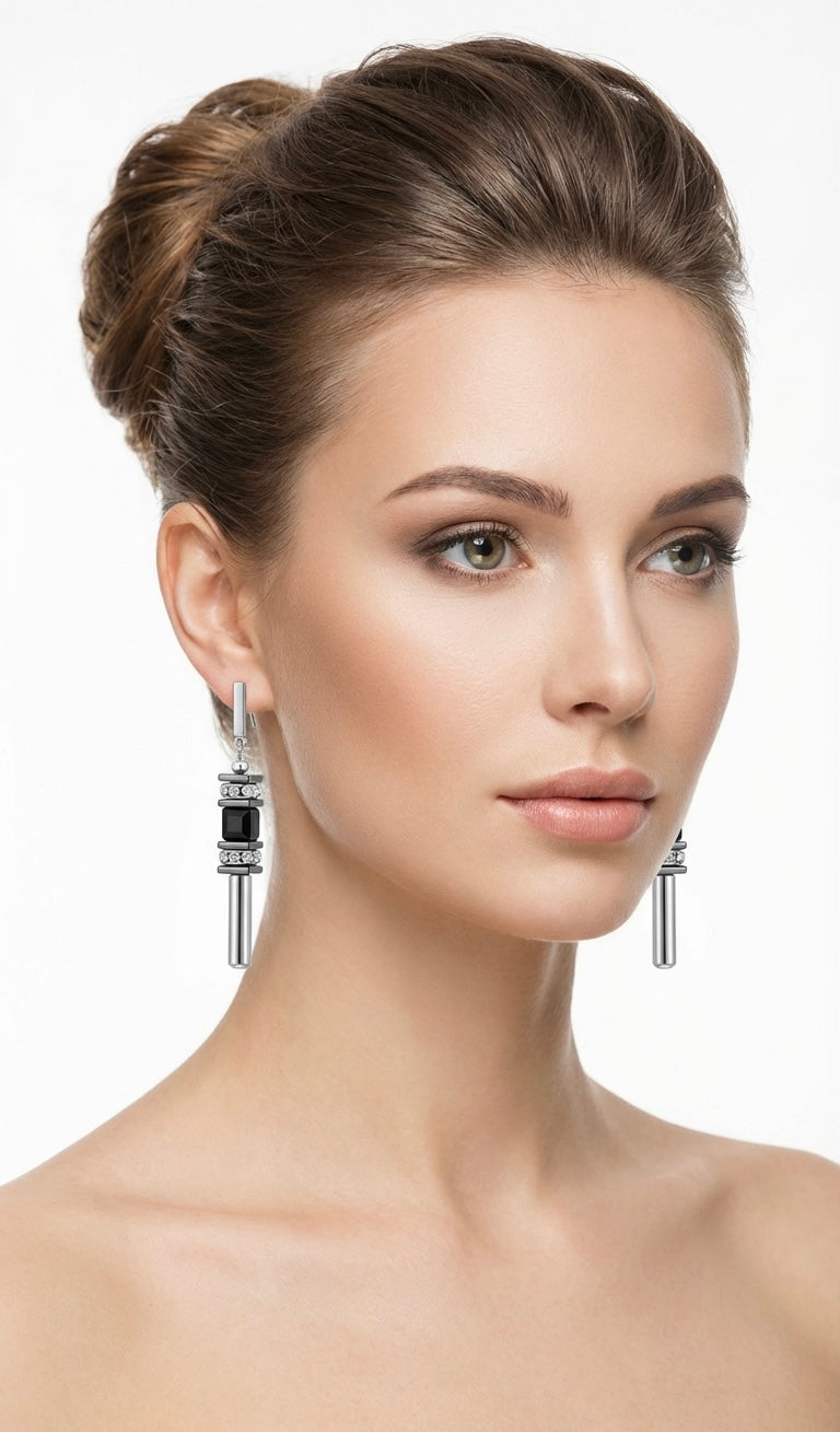 Black & Silver Cube Drop Crystal Glass Stone Earrings | Stainless Steel Studs