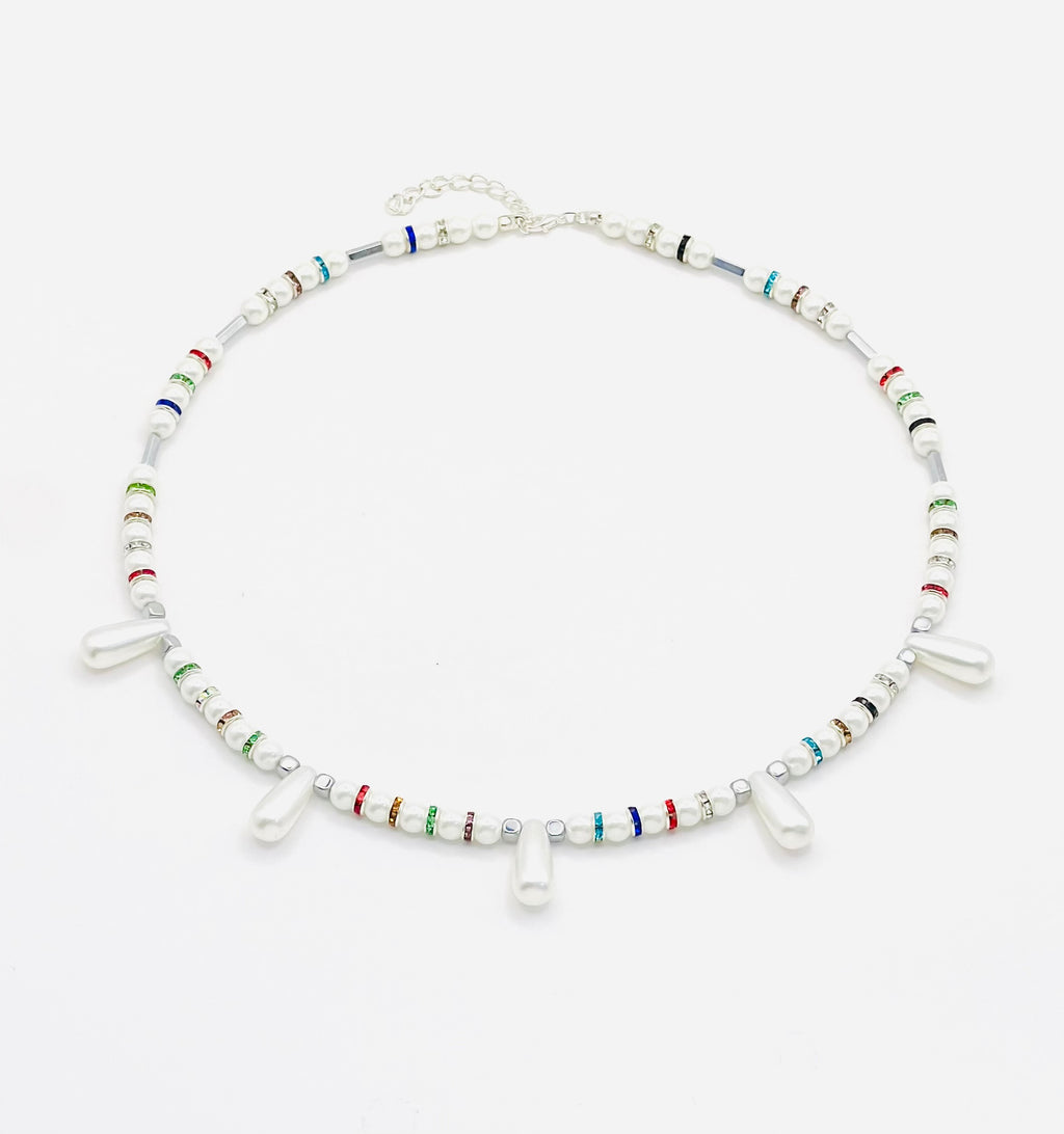 White Natural Stone & Multicolour Rhinestone Necklace | Silver-Plated Clasp