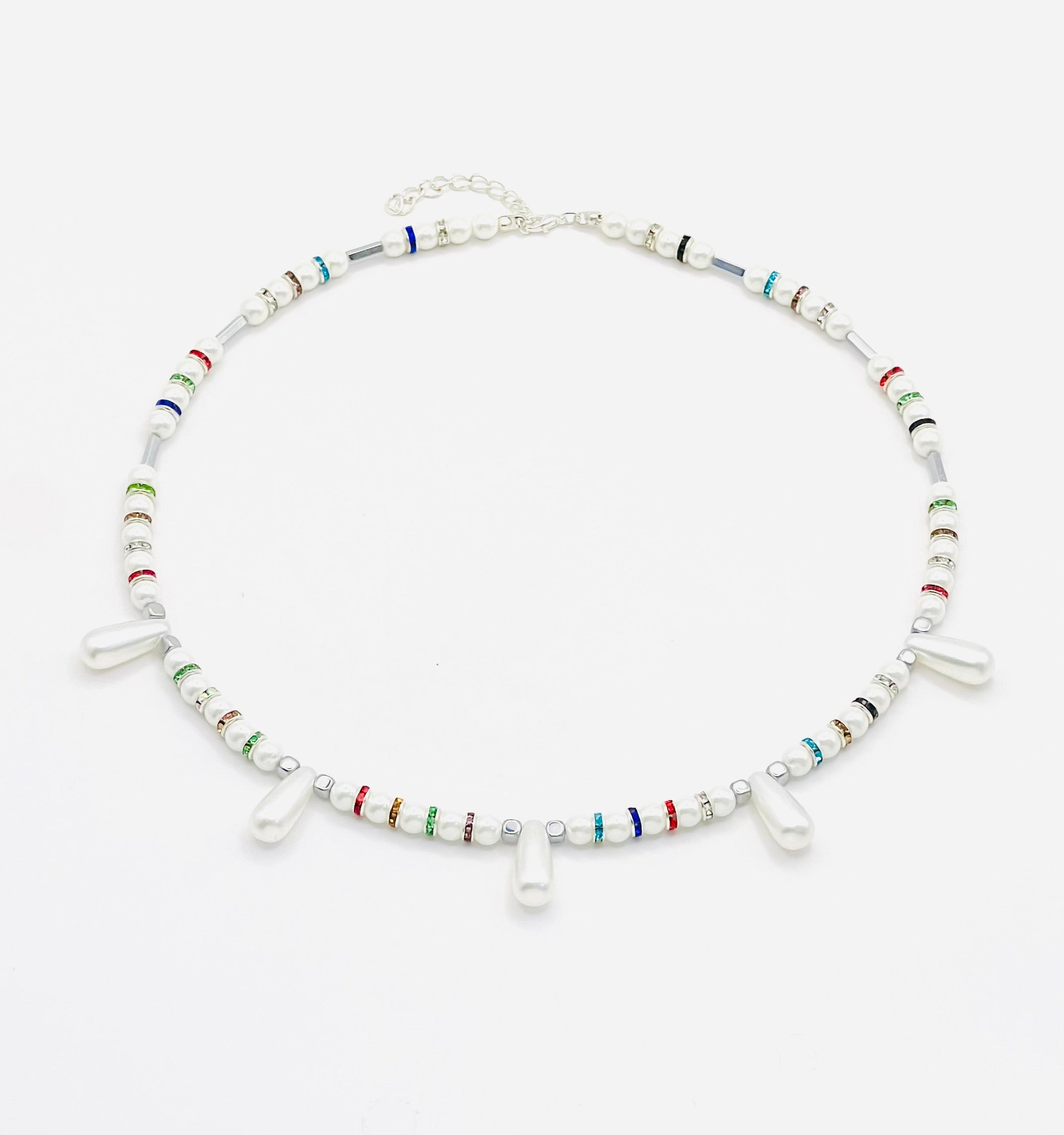 White Natural Stone & Multicolour Rhinestone Necklace | Silver-Plated Clasp