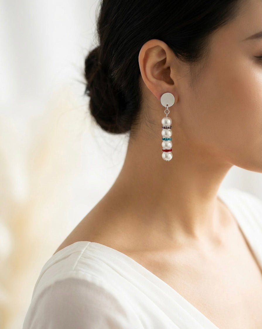 Multicoloured Rhinestone Drop Earrings with White Stones | Silver Stainless Steel
