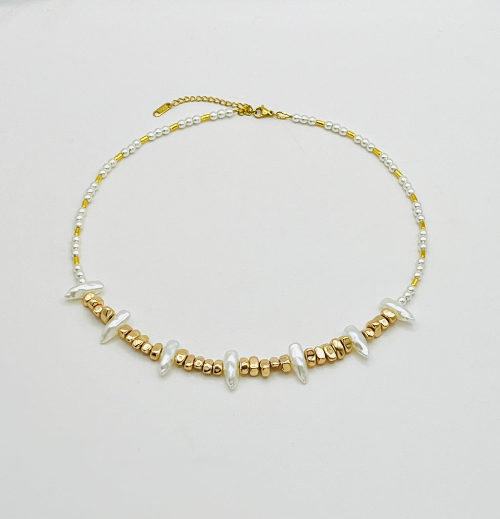 Gold & White Natural Stone Necklace | Stainless Steel