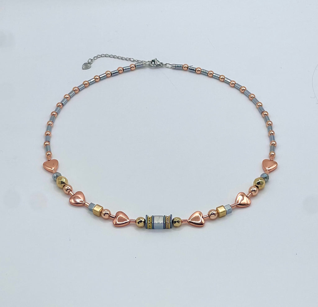 Silver, Gold & Rose Natural Stone Crystal Glass Necklace with Stainless Steel