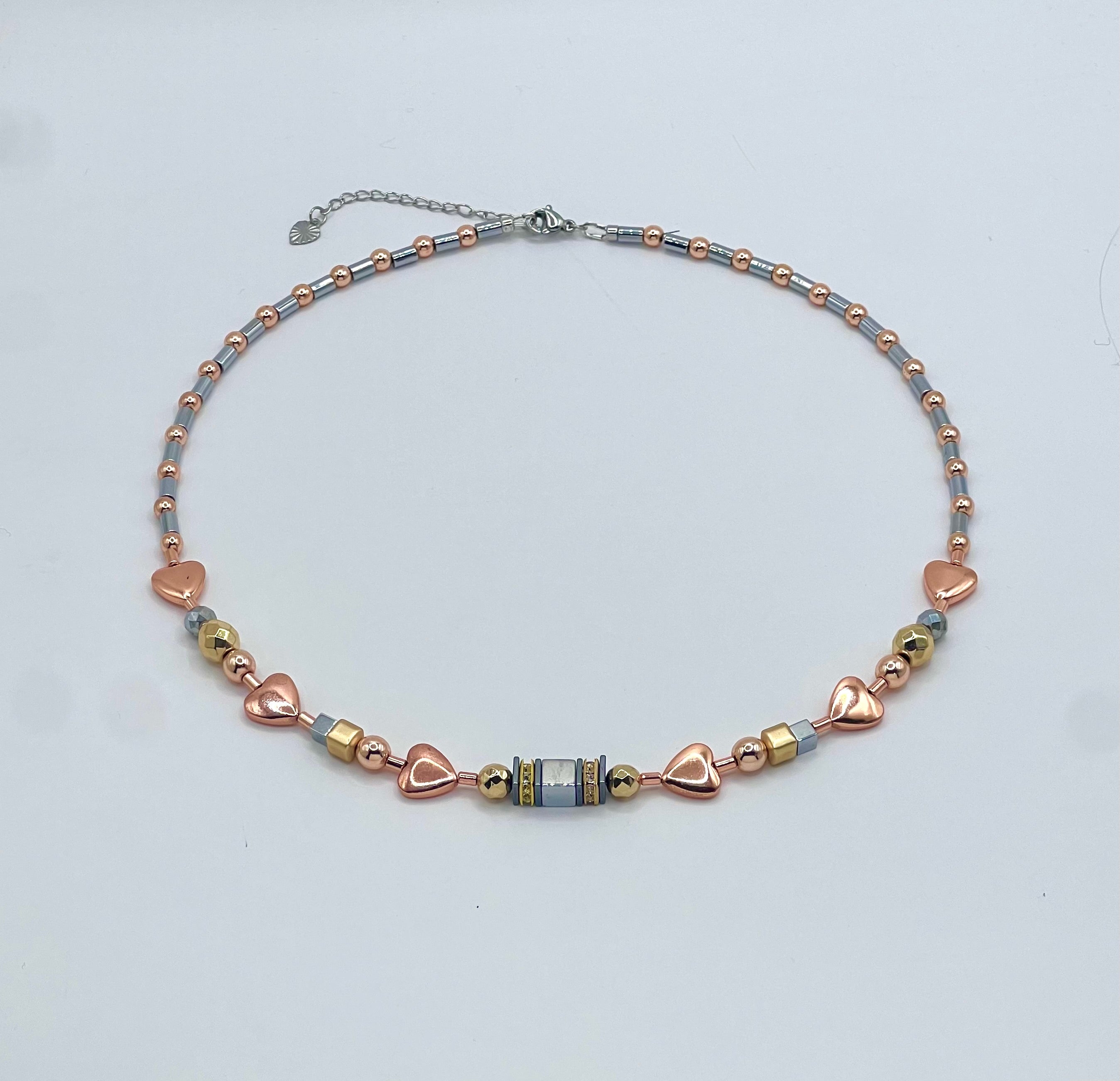 Silver, Gold & Rose Natural Stone Crystal Glass Necklace with Stainless Steel