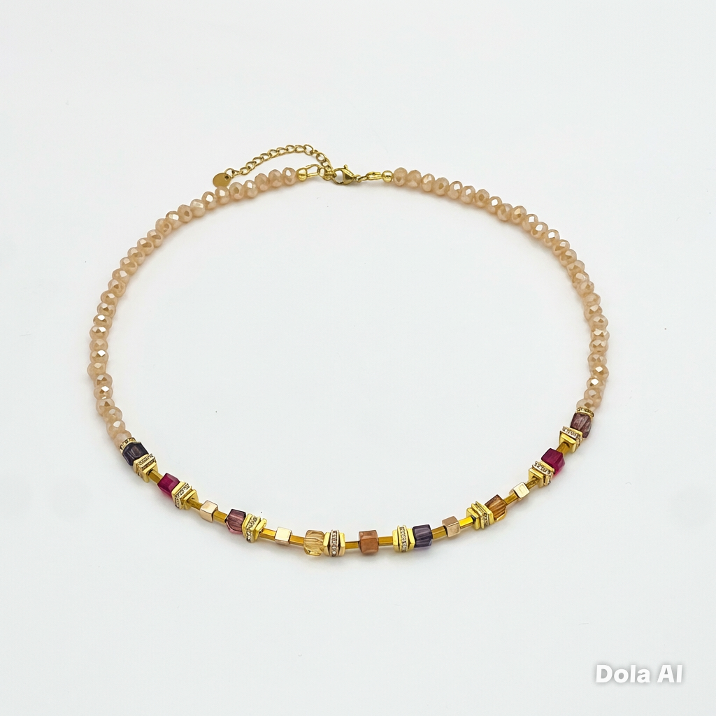 Elegant Mixed Cream Crystal Glass Necklace | Gold Stainless Steel Clasp